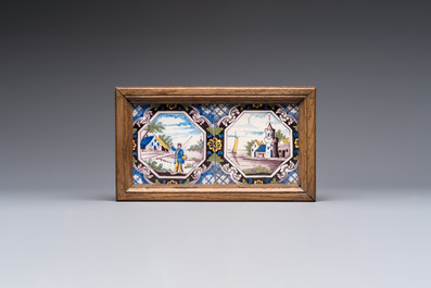 A framed six-piece 'Musicians' tile panel and two 'Landscape' tiles, France, 19th C.