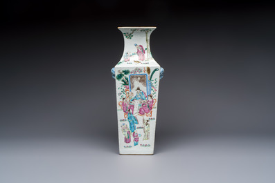 A Chinese famille rose square vase with narrative design, 19th C.
