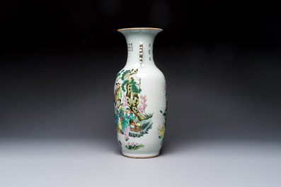 A Chinese famille rose 'Meng Mu San Qian 孟母三遷' and 'Antiquities' vase, signed Ye Yichun 葉宜春, dated 1923