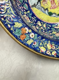 A large Chinese Canton enamel basin and jug with narrative design, early 19th C.