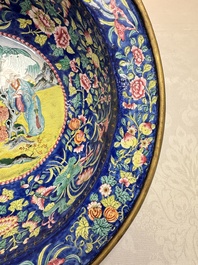 A large Chinese Canton enamel basin and jug with narrative design, early 19th C.