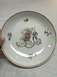 Two Chinese export famille rose plates and three gilt blue-enamelled plates, Qianlong/Jiajing