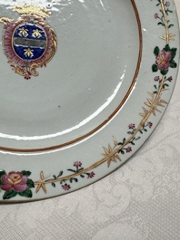 Two Chinese export famille rose plates and three gilt blue-enamelled plates, Qianlong/Jiajing