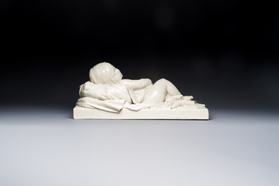 Joseph Ducaju (Antwerp, 1823-1891): a white glazed 'Under God's Protection' group, signed, 19th C.
