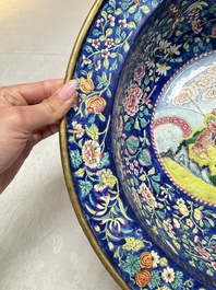 A large Chinese Canton enamel basin and jug with narrative design, early 19th C.