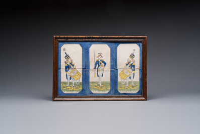 A framed six-piece 'Musicians' tile panel and two 'Landscape' tiles, France, 19th C.