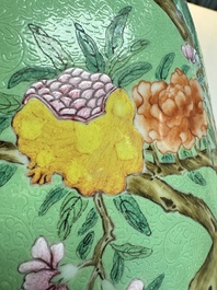A Chinese famille rose sgraffiato lime-green-ground 'Birds among Flowering Branches' vase, Qianlong mark, 19th C.