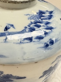 A pair of Chinese blue and white 'Bleu de Hue' covered bowls with landscape design, Phong Vu Quy Chu 風雨歸舟 marks, 19th C.