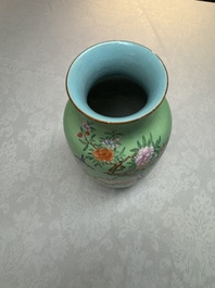 A Chinese famille rose sgraffiato lime-green-ground 'Birds among Flowering Branches' vase, Qianlong mark, 19th C.
