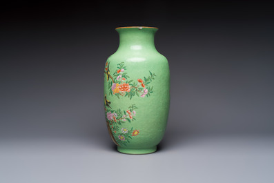 A Chinese famille rose sgraffiato lime-green-ground 'Birds among Flowering Branches' vase, Qianlong mark, 19th C.