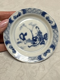 12 Chinese blue and white saucers with figural design, lingzhi and Chenghua marks, Kangxi