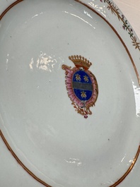 Two Chinese export famille rose plates and three gilt blue-enamelled plates, Qianlong/Jiajing
