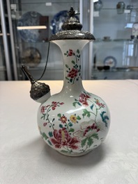A silver-mounted Chinese famille rose kendi with floral design, Qianlong