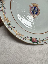 Two Chinese export famille rose plates and three gilt blue-enamelled plates, Qianlong/Jiajing