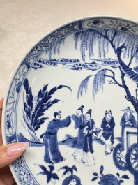 A pair of Chinese blue and white plates with narrative design, Yongzheng