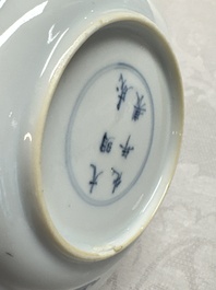 12 Chinese blue and white saucers with figural design, lingzhi and Chenghua marks, Kangxi