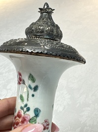 A silver-mounted Chinese famille rose kendi with floral design, Qianlong