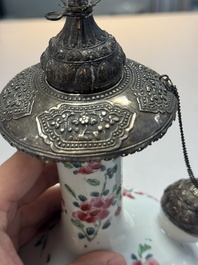A silver-mounted Chinese famille rose kendi with floral design, Qianlong