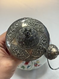 A silver-mounted Chinese famille rose kendi with floral design, Qianlong