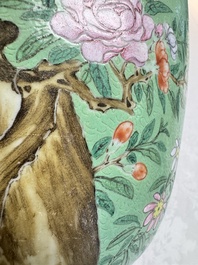 A Chinese famille rose sgraffiato lime-green-ground 'Birds among Flowering Branches' vase, Qianlong mark, 19th C.