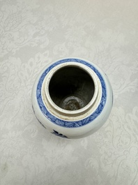A Chinese blue and white ovoid 'Antiquities' jar with a wooden cover, Kangxi