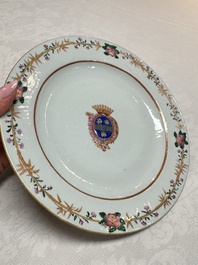 Two Chinese export famille rose plates and three gilt blue-enamelled plates, Qianlong/Jiajing