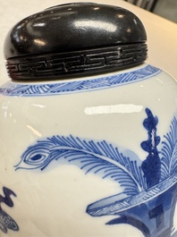 A Chinese blue and white ovoid 'Antiquities' jar with a wooden cover, Kangxi