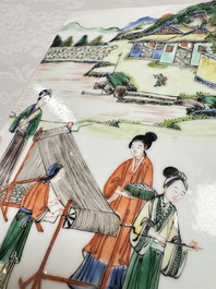 A Chinese famille verte 'Rice and Silk Production' plaque, 19th C.