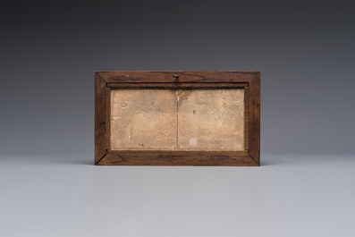 A framed six-piece 'Musicians' tile panel and two 'Landscape' tiles, France, 19th C.