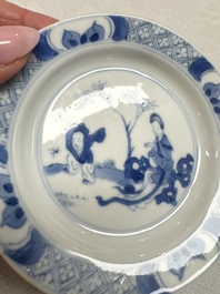 12 Chinese blue and white saucers with figural design, lingzhi and Chenghua marks, Kangxi
