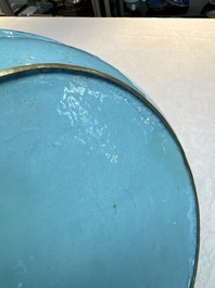 A large Chinese Canton enamel basin and jug with narrative design, early 19th C.