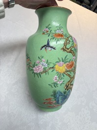 A Chinese famille rose sgraffiato lime-green-ground 'Birds among Flowering Branches' vase, Qianlong mark, 19th C.