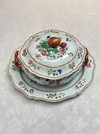 A Chinese famille rose covered tureen and stand with floral design, Qianlong
