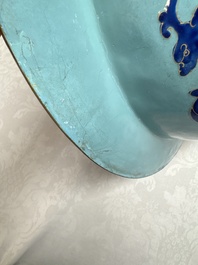 A large Chinese Canton enamel basin and jug with narrative design, early 19th C.