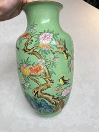 A Chinese famille rose sgraffiato lime-green-ground 'Birds among Flowering Branches' vase, Qianlong mark, 19th C.