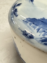 A pair of Chinese blue and white 'Bleu de Hue' covered bowls with landscape design, Phong Vu Quy Chu 風雨歸舟 marks, 19th C.
