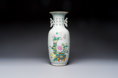 A Chinese famille rose 'Meng Mu San Qian 孟母三遷' and 'Antiquities' vase, signed Ye Yichun 葉宜春, dated 1923