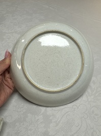 Two Chinese export famille rose plates and three gilt blue-enamelled plates, Qianlong/Jiajing