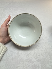 A pair of Chinese blue and white 'Bleu de Hue' covered bowls with landscape design, Phong Vu Quy Chu 風雨歸舟 marks, 19th C.