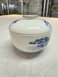 A pair of Chinese blue and white 'Bleu de Hue' covered bowls with landscape design, Phong Vu Quy Chu 風雨歸舟 marks, 19th C.