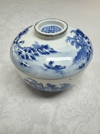 A pair of Chinese blue and white 'Bleu de Hue' covered bowls with landscape design, Phong Vu Quy Chu 風雨歸舟 marks, 19th C.