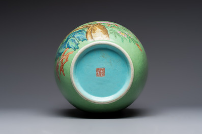 A Chinese famille rose sgraffiato lime-green-ground 'Birds among Flowering Branches' vase, Qianlong mark, 19th C.