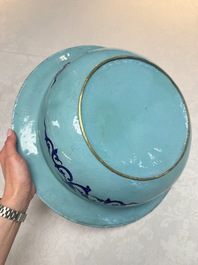 A large Chinese Canton enamel basin and jug with narrative design, early 19th C.