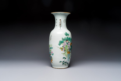 A Chinese famille rose 'Meng Mu San Qian 孟母三遷' and 'Antiquities' vase, signed Ye Yichun 葉宜春, dated 1923