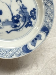 12 Chinese blue and white saucers with figural design, lingzhi and Chenghua marks, Kangxi