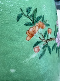 A Chinese famille rose sgraffiato lime-green-ground 'Birds among Flowering Branches' vase, Qianlong mark, 19th C.