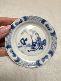12 Chinese blue and white saucers with figural design, lingzhi and Chenghua marks, Kangxi
