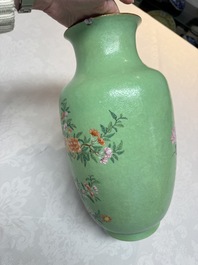 A Chinese famille rose sgraffiato lime-green-ground 'Birds among Flowering Branches' vase, Qianlong mark, 19th C.