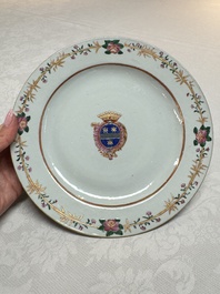 Two Chinese export famille rose plates and three gilt blue-enamelled plates, Qianlong/Jiajing