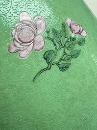 A Chinese famille rose sgraffiato lime-green-ground 'Birds among Flowering Branches' vase, Qianlong mark, 19th C.